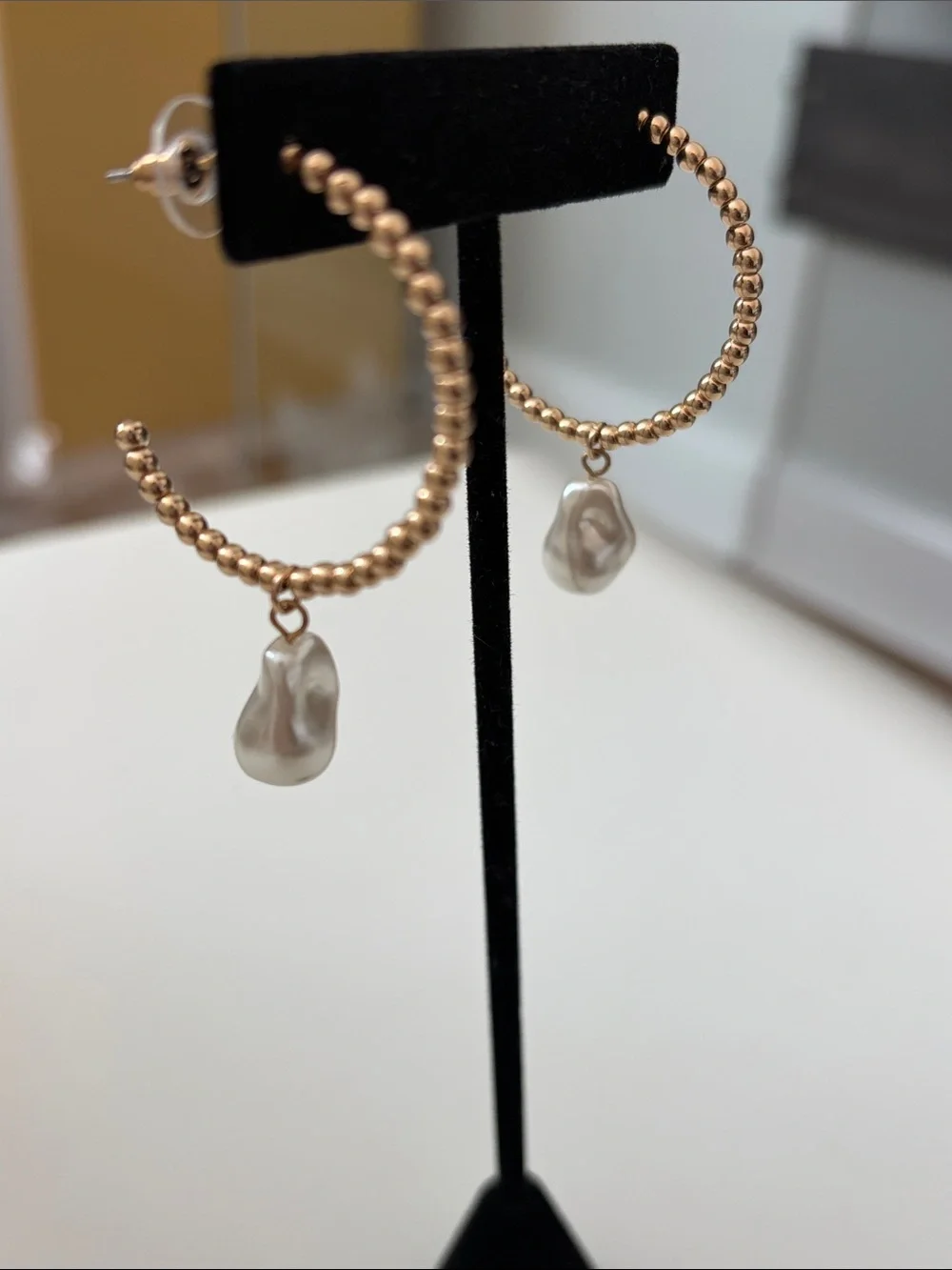 Gold Beaded Hoop Earrings with Cream Baroque Pearl Drops